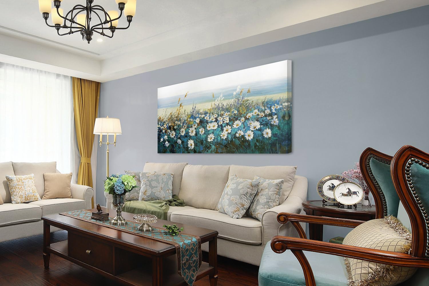 Arjun Flowers Wall Art Canvas White Daisy Floral Painting Blue Coastal Landscape Picture, Modern Extra Large Size Framed Artwork